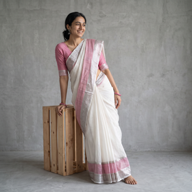 White Pure Handwoven Mangalagiri Silk Cotton Pattu Saree with Zari Border, draped and worn by a woman, AI visual of the saree, iTokri