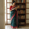 Green Pure Handwoven Sambalpuri Ikat Cotton Saree, draped and worn by a woman, AI visual of the saree, iTokri