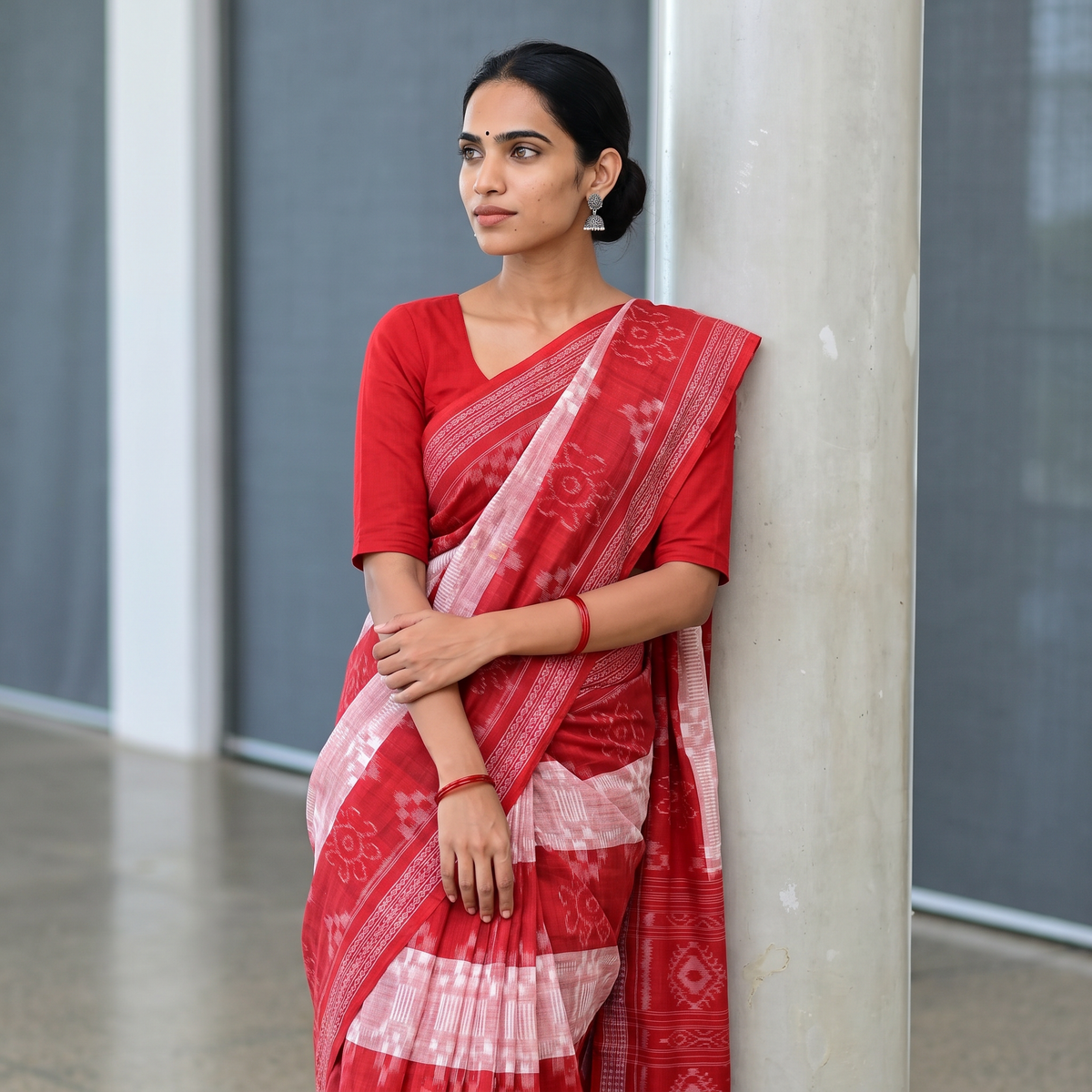 Red Pure Handwoven Sambalpuri Ikat Cotton Saree, draped and worn by a woman, AI visual of the saree, iTokri