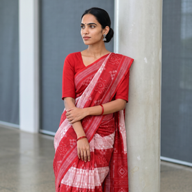 Red Pure Handwoven Sambalpuri Ikat Cotton Saree, draped and worn by a woman, AI visual of the saree, iTokri