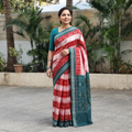 Red Pure Handwoven Sambalpuri Ikat Cotton Saree, draped and worn by a woman, AI visual of the saree, iTokri
