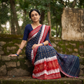 Red Pure Handwoven Sambalpuri Ikat Cotton Saree, draped and worn by a woman, AI visual of the saree, iTokri