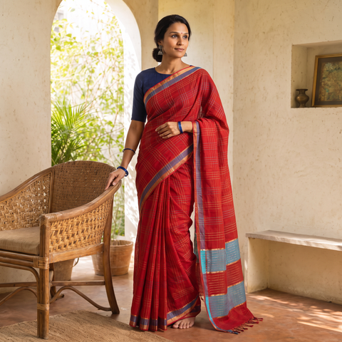 Red Pure Handwoven Zari Checks Mangalagiri Cotton Saree, draped and worn by a woman, AI visual of the saree, iTokri