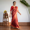Red Pure Kosa Tussar Silk Handloom Jala Weave Saree, draped and worn by a woman, AI visual of the saree, iTokri