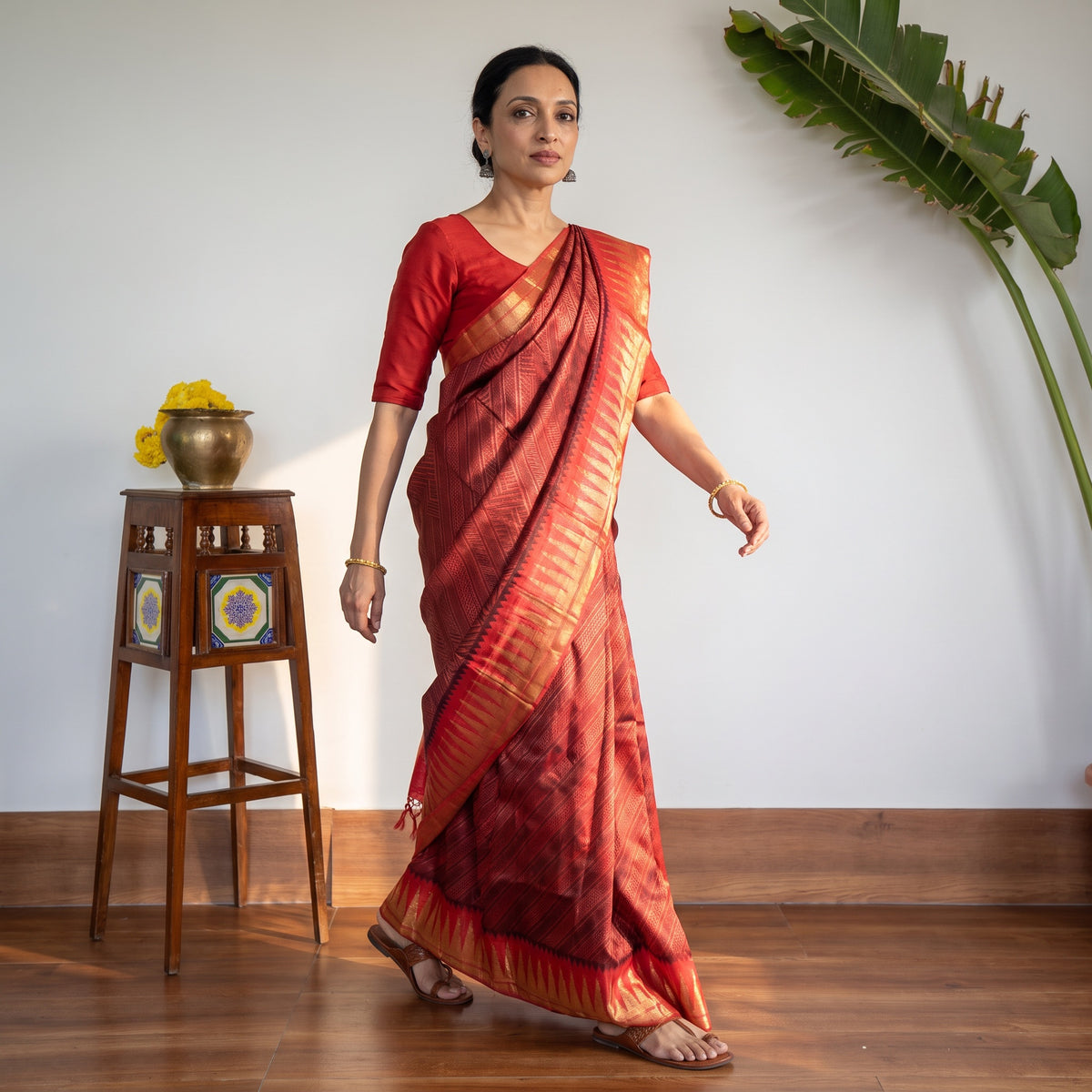 Red Pure Kosa Tussar Silk Handloom Jala Weave Saree, draped and worn by a woman, AI visual of the saree, iTokri