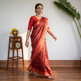 Red Pure Kosa Tussar Silk Handloom Jala Weave Saree, draped and worn by a woman, AI visual of the saree, iTokri