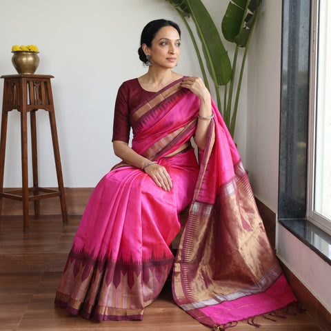 Pink Pure Kosa Tussar Silk Pure Handloom Saree with Temple Woven Border, draped and worn by a woman, AI visual of the saree, iTokri