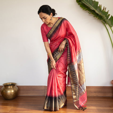 Pink Pure Kosa Tussar Silk Pure Handloom Saree with Temple Woven Border, draped and worn by a woman, AI visual of the saree, iTokri