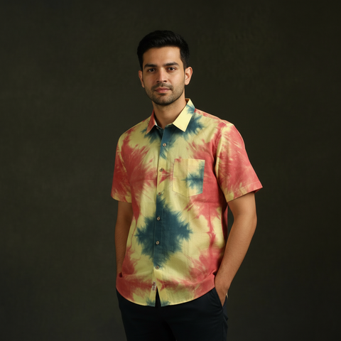 Pure mul cotton half sleeve tie-dye men shibori shirt 06
