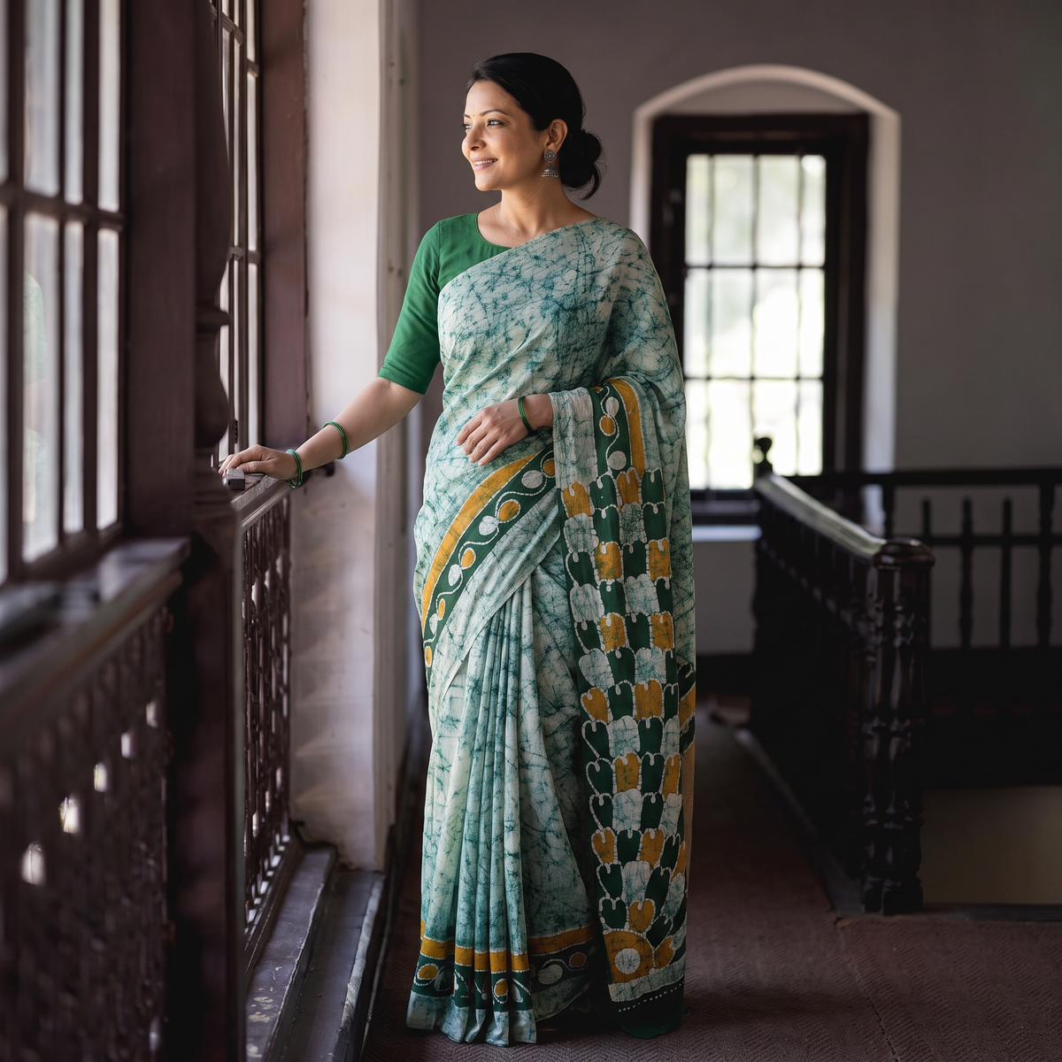 Green Pure Mul Cotton Hand Block Batik Print Saree, draped and worn by a woman, AI visual of the saree, iTokri