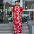 Red Pure Mul Cotton Hand Block Batik Print Saree, draped and worn by a woman, AI visual of the saree, iTokri
