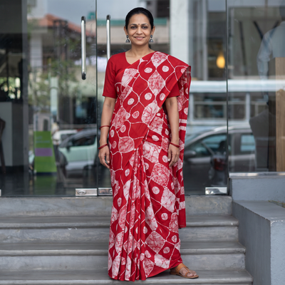 Red Pure Mul Cotton Hand Block Batik Print Saree, draped and worn by a woman, AI visual of the saree, iTokri