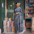 Grey Pure Mul Cotton Hand Block Batik Print Saree, draped and worn by a woman, AI visual of the saree, iTokri