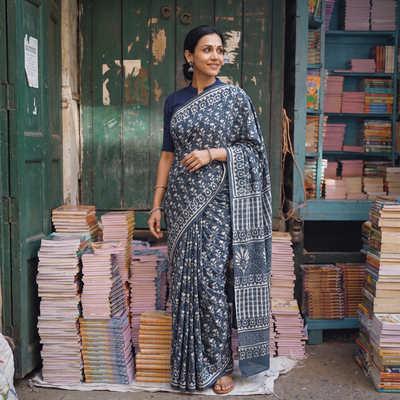 Grey Pure Mul Cotton Hand Block Batik Print Saree, draped and worn by a woman, AI visual of the saree, iTokri