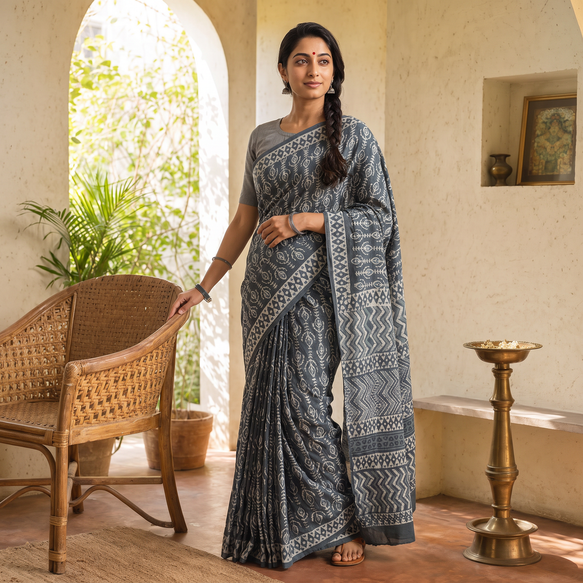 Grey Pure Mul Cotton Hand Block Batik Print Saree, draped and worn by a woman, AI visual of the saree, iTokri