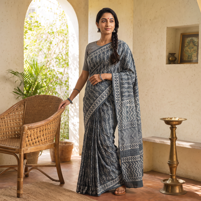 Grey Pure Mul Cotton Hand Block Batik Print Saree, draped and worn by a woman, AI visual of the saree, iTokri