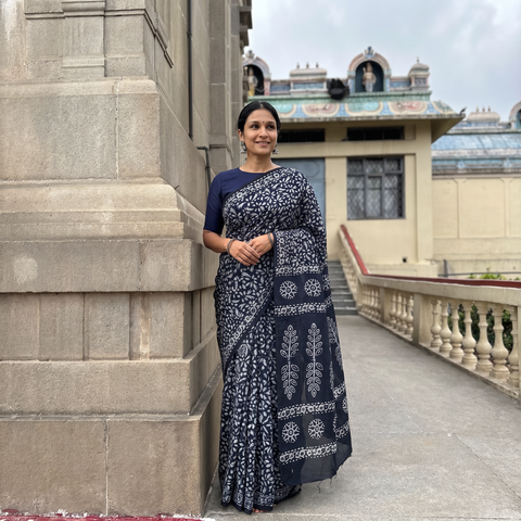 Blue Pure Mul Cotton Hand Block Batik Print Saree, draped and worn by a woman, AI visual of the saree, iTokri