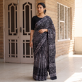 Blue Pure Mul Cotton Hand Block Batik Print Saree, draped and worn by a woman, AI visual of the saree, iTokri
