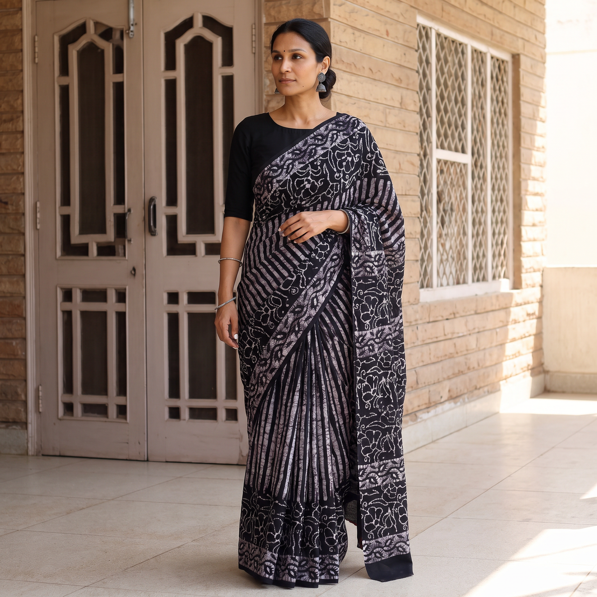 Blue Pure Mul Cotton Hand Block Batik Print Saree, draped and worn by a woman, AI visual of the saree, iTokri