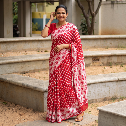 Red Pure Mul Cotton Hand Block Batik Print Saree, draped and worn by a woman, AI visual of the saree, iTokri