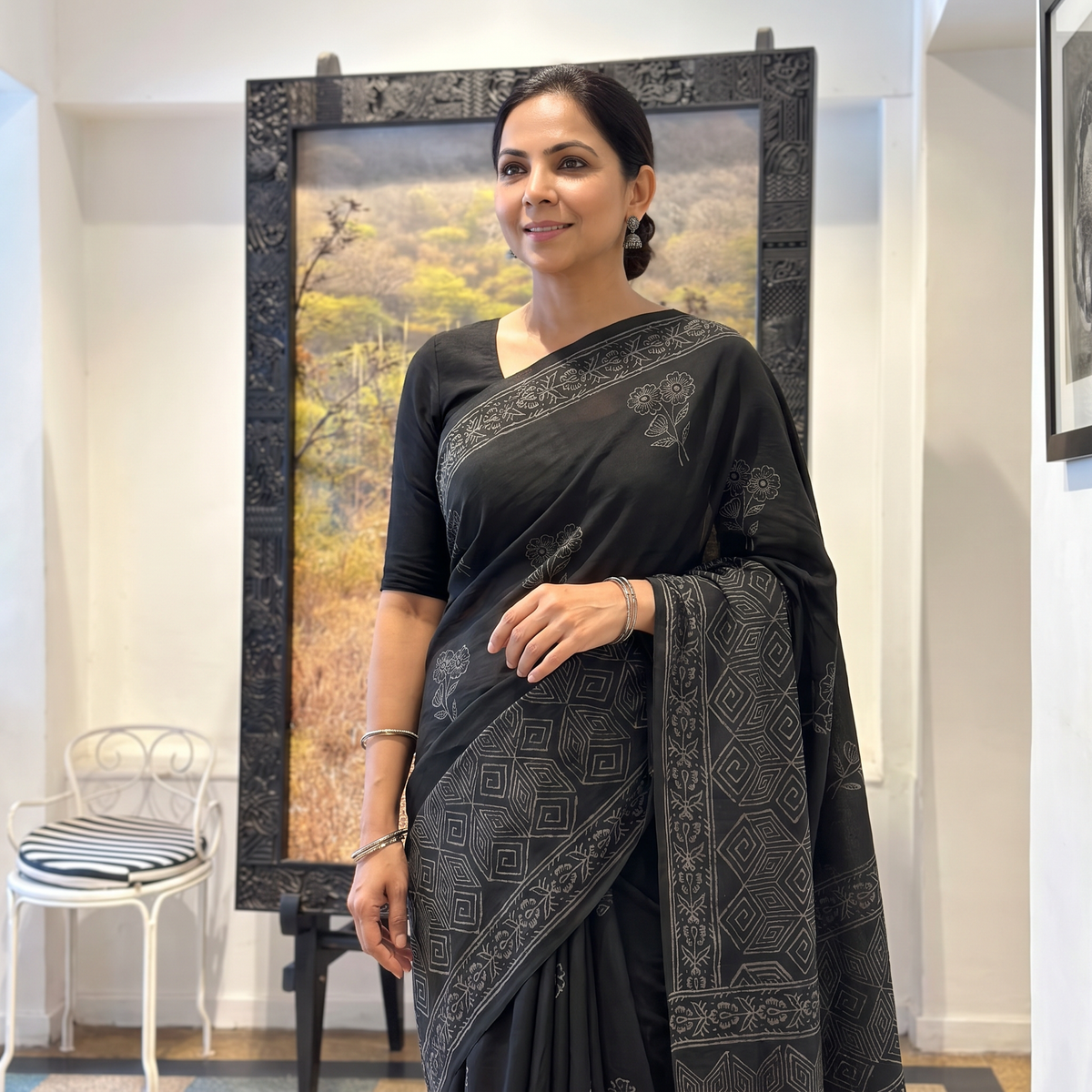 Green Pure Mul Cotton Hand Block Jaipur Print Saree, draped and worn by a woman, AI visual of the saree, iTokri