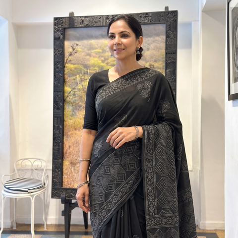 Green Pure Mul Cotton Hand Block Jaipur Print Saree, draped and worn by a woman, AI visual of the saree, iTokri