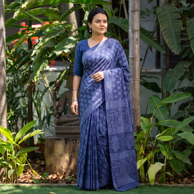 Blue Pure Mul Cotton Hand Block Jaipur Print Saree, draped and worn by a woman, AI visual of the saree, iTokri