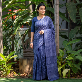 Blue Pure Mul Cotton Hand Block Jaipur Print Saree, draped and worn by a woman, AI visual of the saree, iTokri