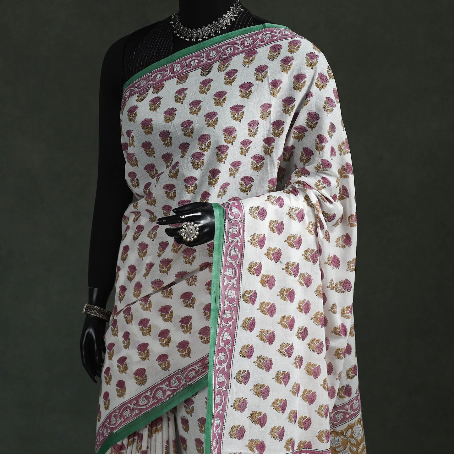 Pure mul cotton hand block sanganeri print saree 02