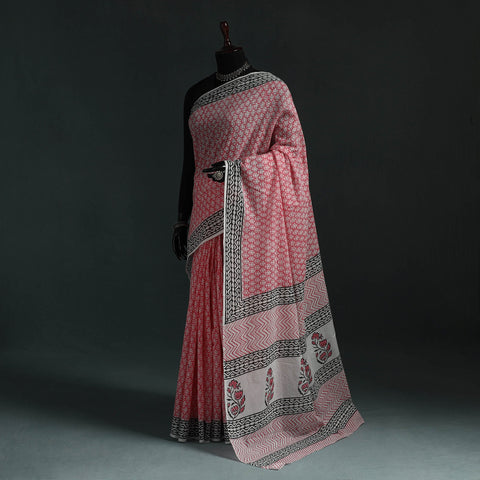 Pure mul cotton hand block sanganeri print saree 07