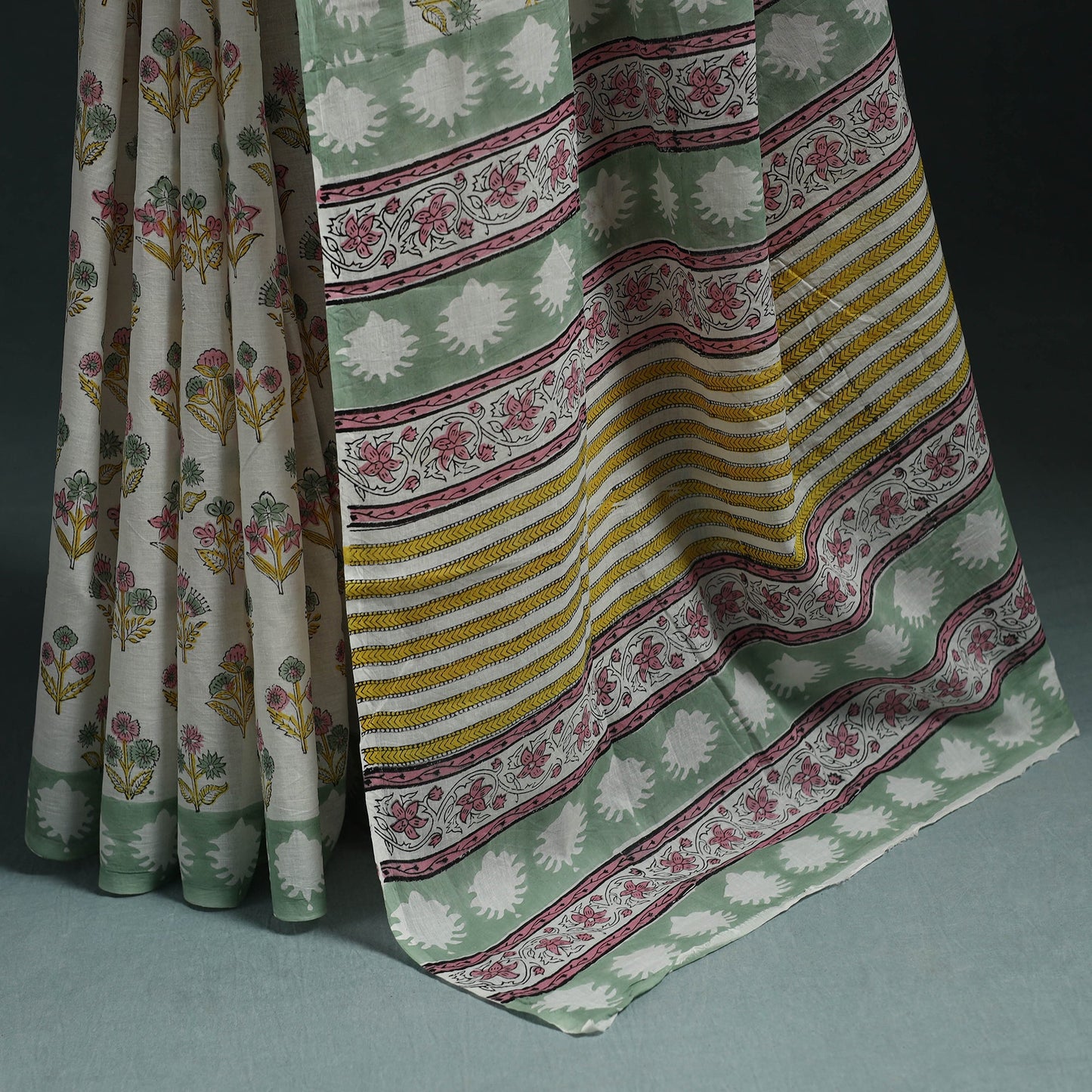 Pure mul cotton hand block sanganeri print saree 09
