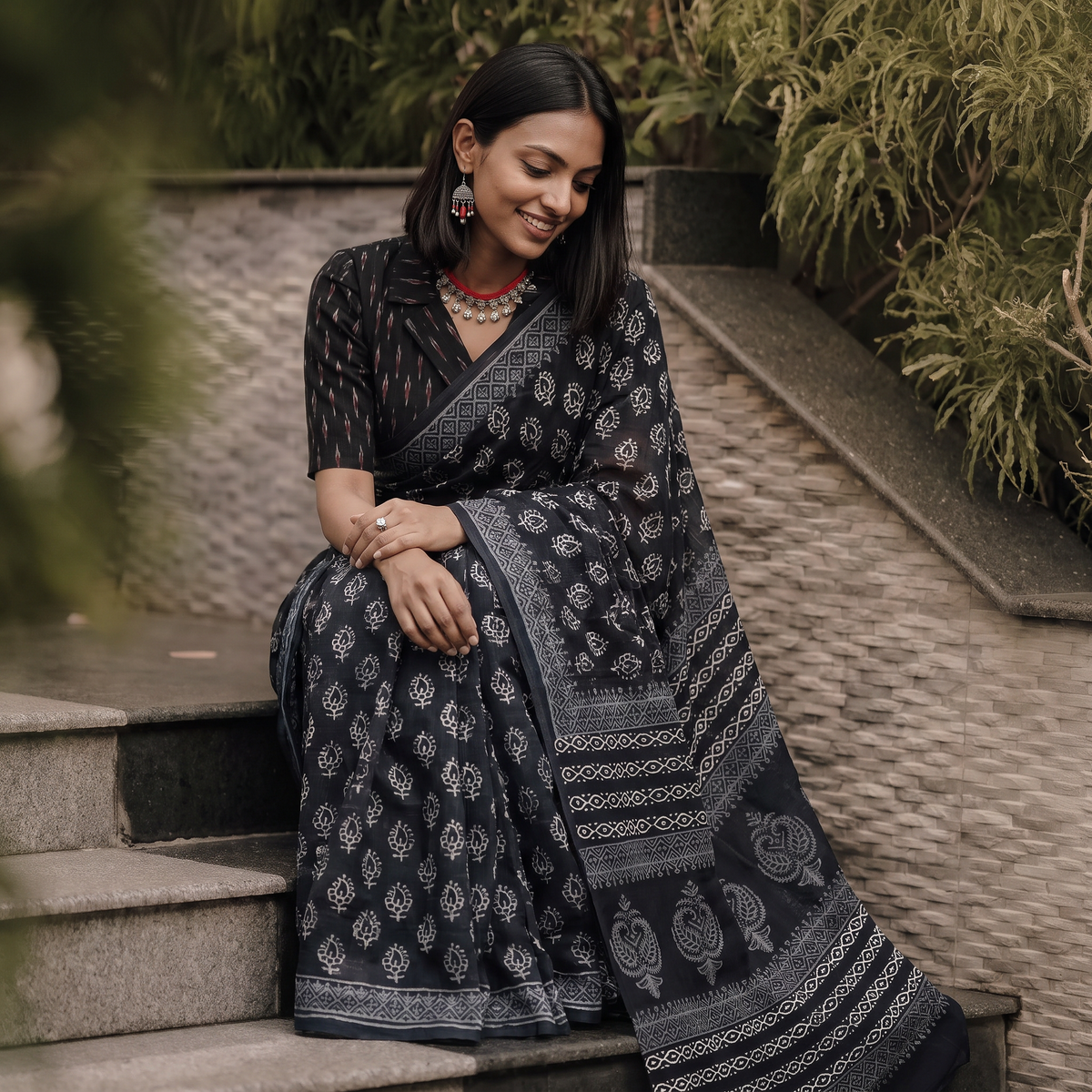 Black pure mul cotton hand block Sanganeri print saree, draped and worn by a woman, AI visual of the saree, iTokri