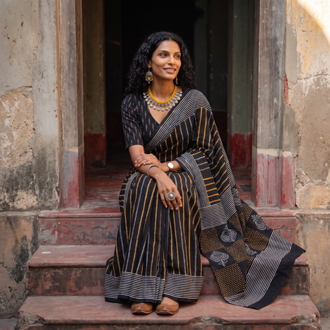 Black pure mul cotton hand block Sanganeri print saree, draped and worn by a woman, AI visual of the saree, iTokri