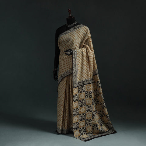 Pure mul cotton natural dyed hand block bagru print saree
