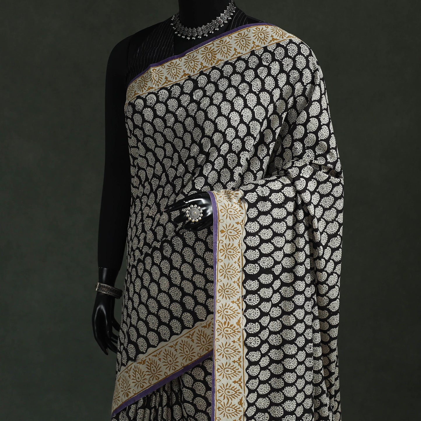 Pure mul cotton natural dyed hand block bagru print saree