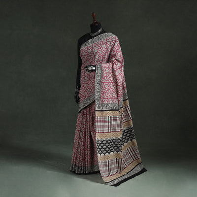 Pure mul cotton natural dyed hand block bagru print saree