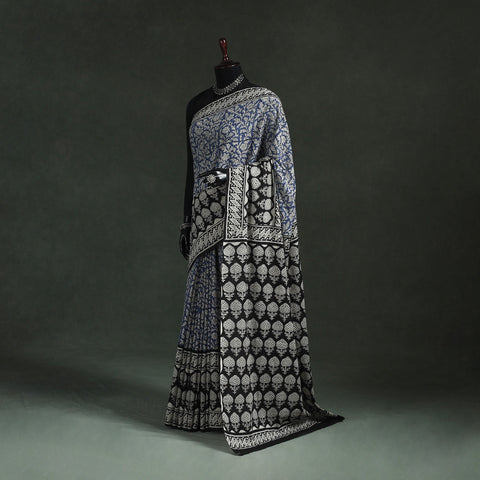 Pure mul cotton natural dyed hand block bagru print saree