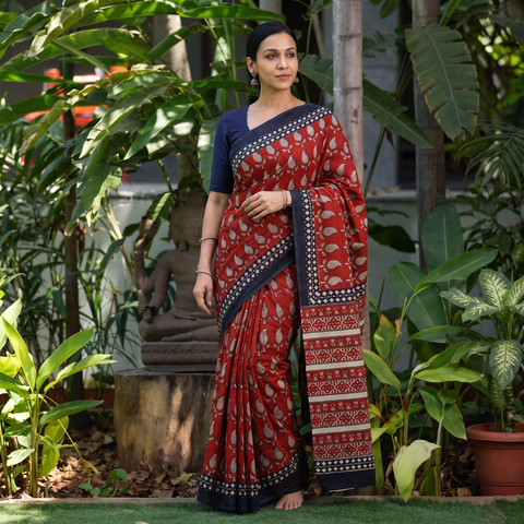 Red Pure Mul Cotton Natural Dyed Hand Block Bagru Print Saree, draped and worn by a woman, AI visual of the saree, iTokri