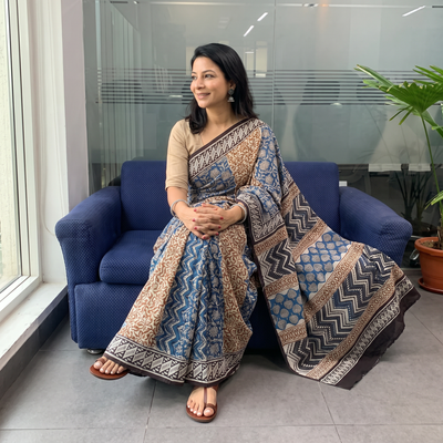 Multicolor Pure Mul Cotton Natural Dyed Hand Block Bagru Print Saree, draped and worn by a woman, AI visual of the saree, iTokri