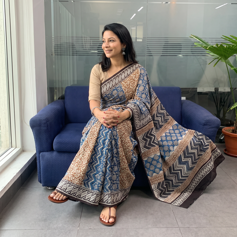 Multicolor Pure Mul Cotton Natural Dyed Hand Block Bagru Print Saree, draped and worn by a woman, AI visual of the saree, iTokri