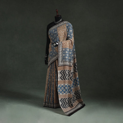 Pure mul cotton natural dyed hand block bagru print saree