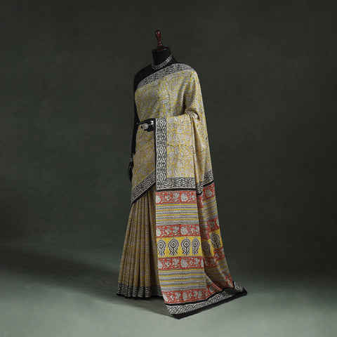 Pure mul cotton natural dyed hand block bagru print saree