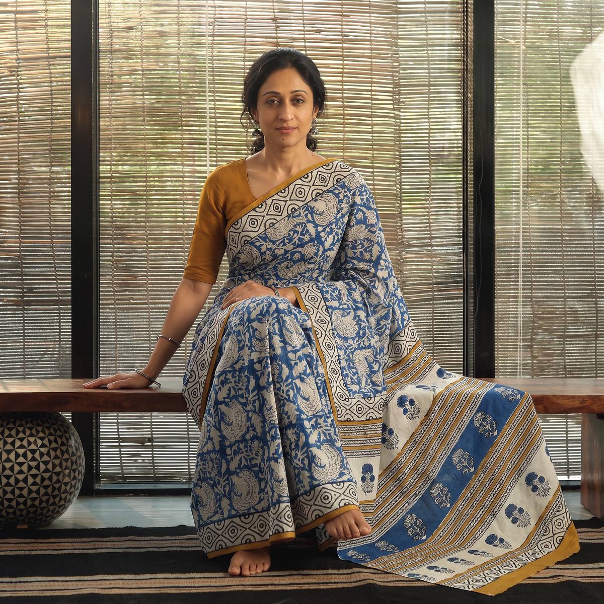 Blue Pure Mul Cotton Natural Dyed Hand Block Bagru Print Saree, draped and worn by a woman, AI visual of the saree, iTokri
