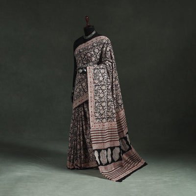 Pure mul cotton natural dyed hand block bagru print saree