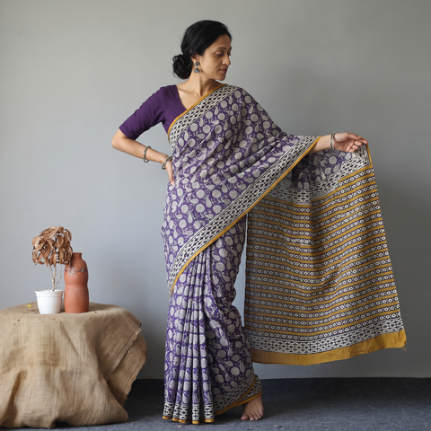 Purple Pure Mul Cotton Natural Dyed Hand Block Bagru Print Saree, draped and worn by a woman, AI visual of the saree, iTokri