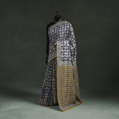 Pure mul cotton natural dyed hand block bagru print saree