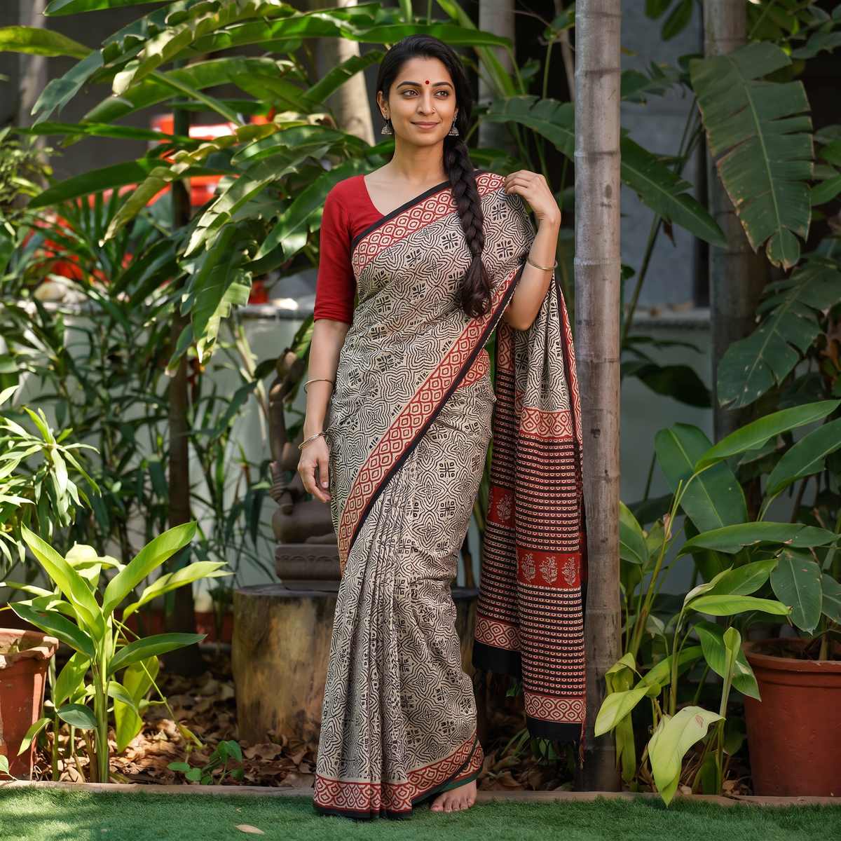 Black Pure Mul Cotton Natural Dyed Hand Block Dabu Bagru Print Saree, draped and worn by a woman, AI visual of the saree, iTokri