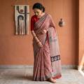 Red Pure Mul Cotton Natural Dyed Hand Block Dabu Bagru Print Saree, draped and worn by a woman, AI visual of the saree, iTokri