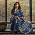 Blue Pure Mul Cotton Natural Dyed Hand Block Indigo Bagru Print Saree, draped and worn by a woman, AI visual of the saree, iTokri