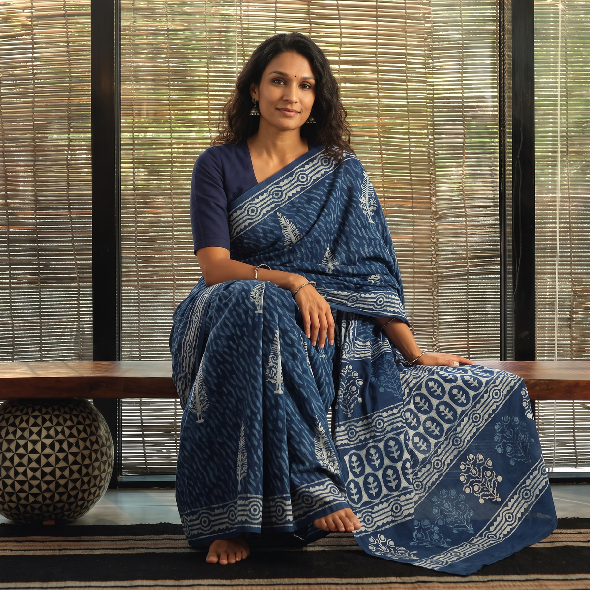 Blue Pure Mul Cotton Natural Dyed Hand Block Indigo Bagru Print Saree, draped and worn by a woman, AI visual of the saree, iTokri